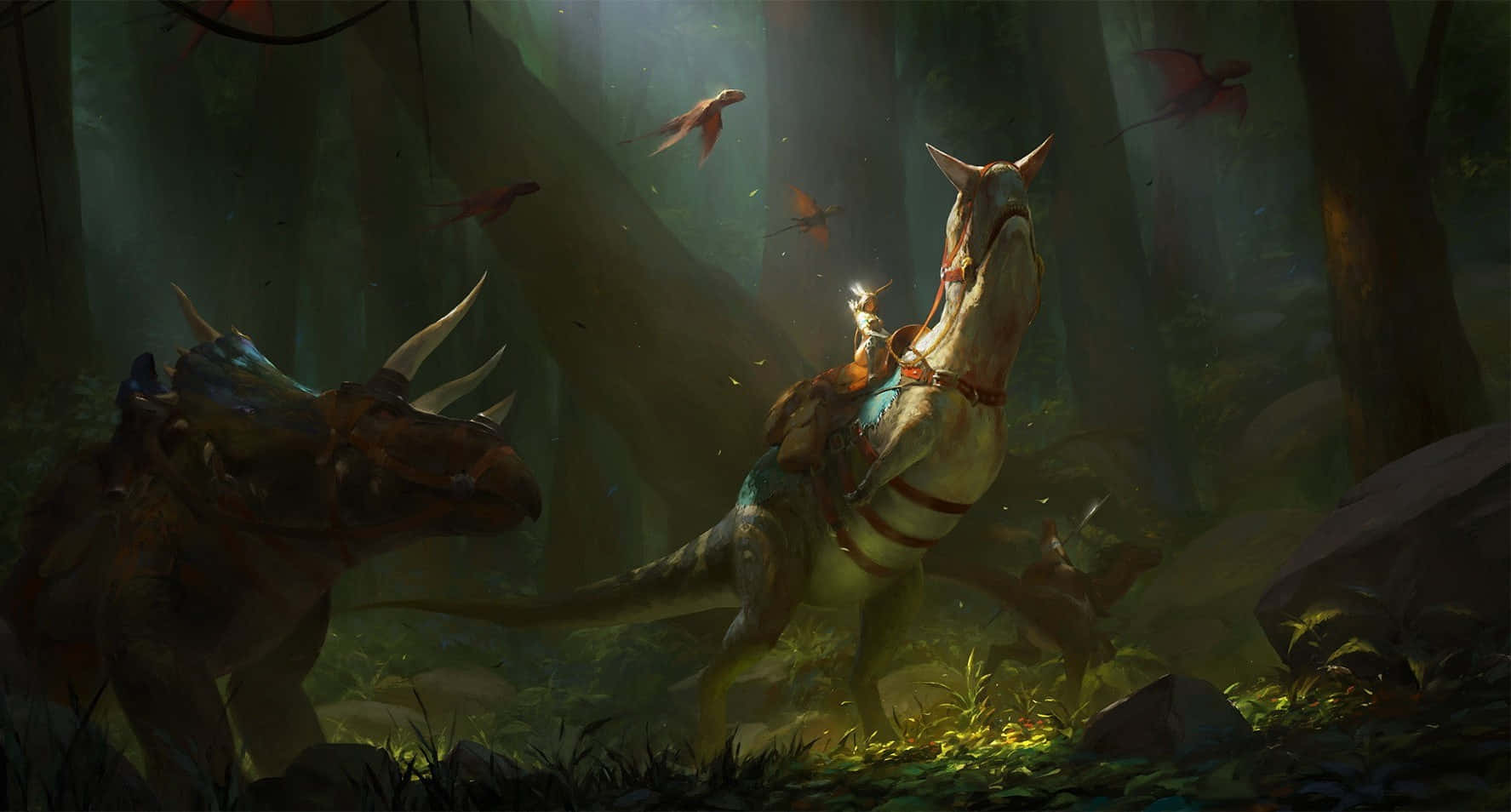 A Woman Riding A Dinosaur In The Forest Background