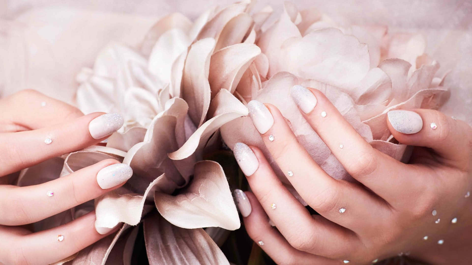 A Woman's Hands With White Flowers And Pearls Background