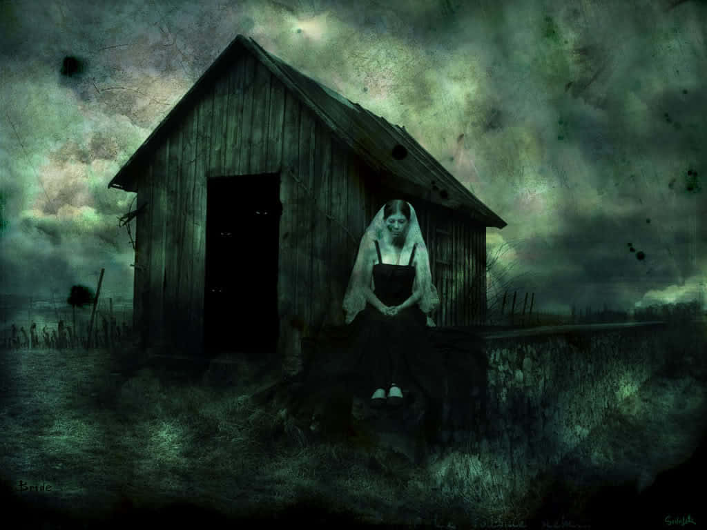 A Woman Sitting In Front Of A Small House Background