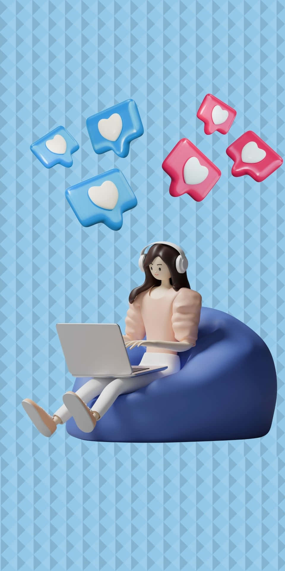 A Woman Sitting On A Bean Bag With A Laptop And Heart Icons