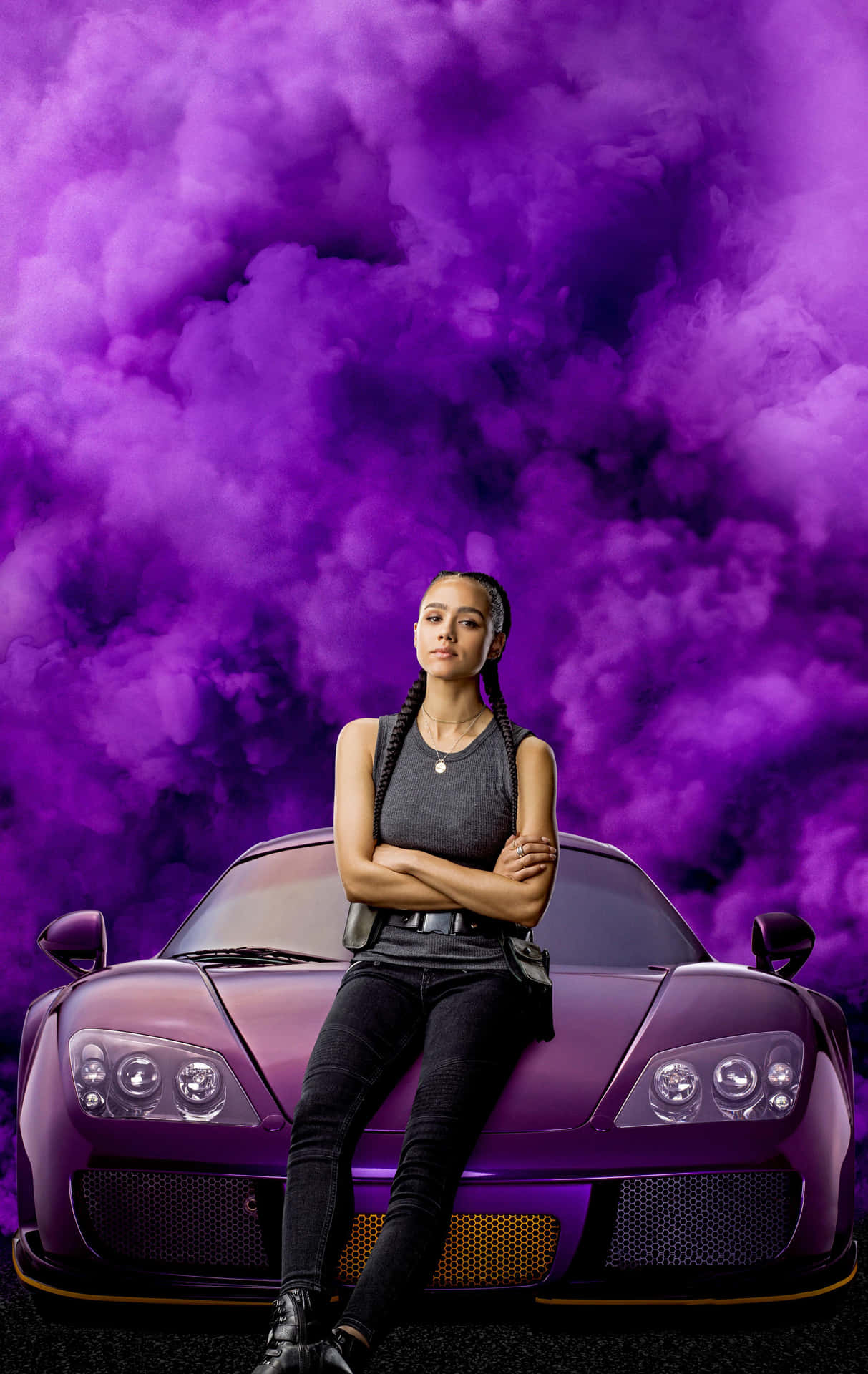 A Woman Sitting On Top Of A Purple Sports Car Background