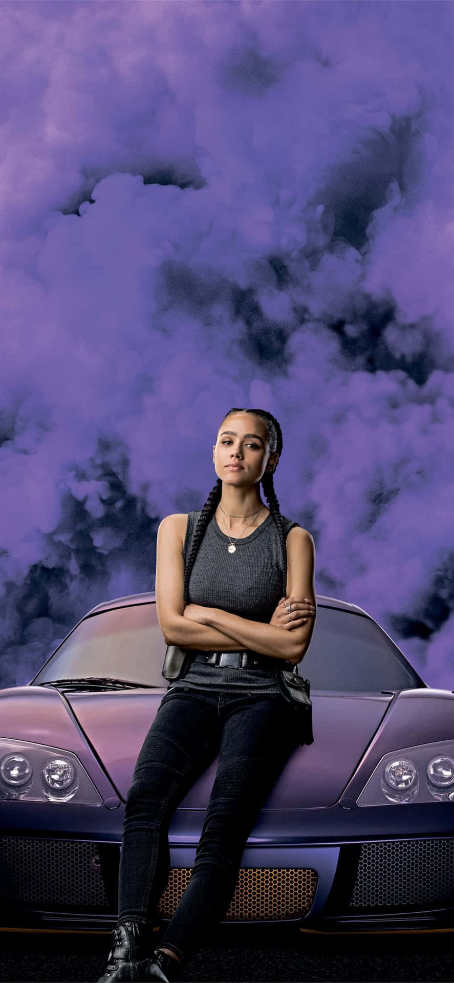 A Woman Sitting On Top Of A Purple Sports Car Background