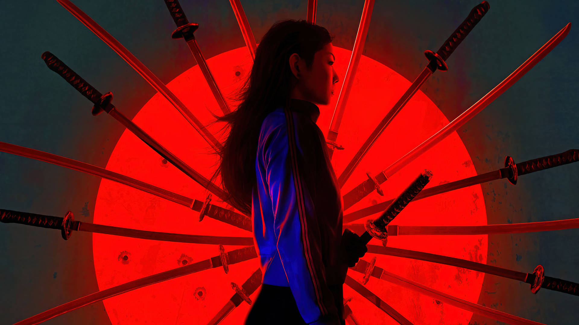 A Woman Standing In Front Of A Red Light With A Sword In Her Hand Background