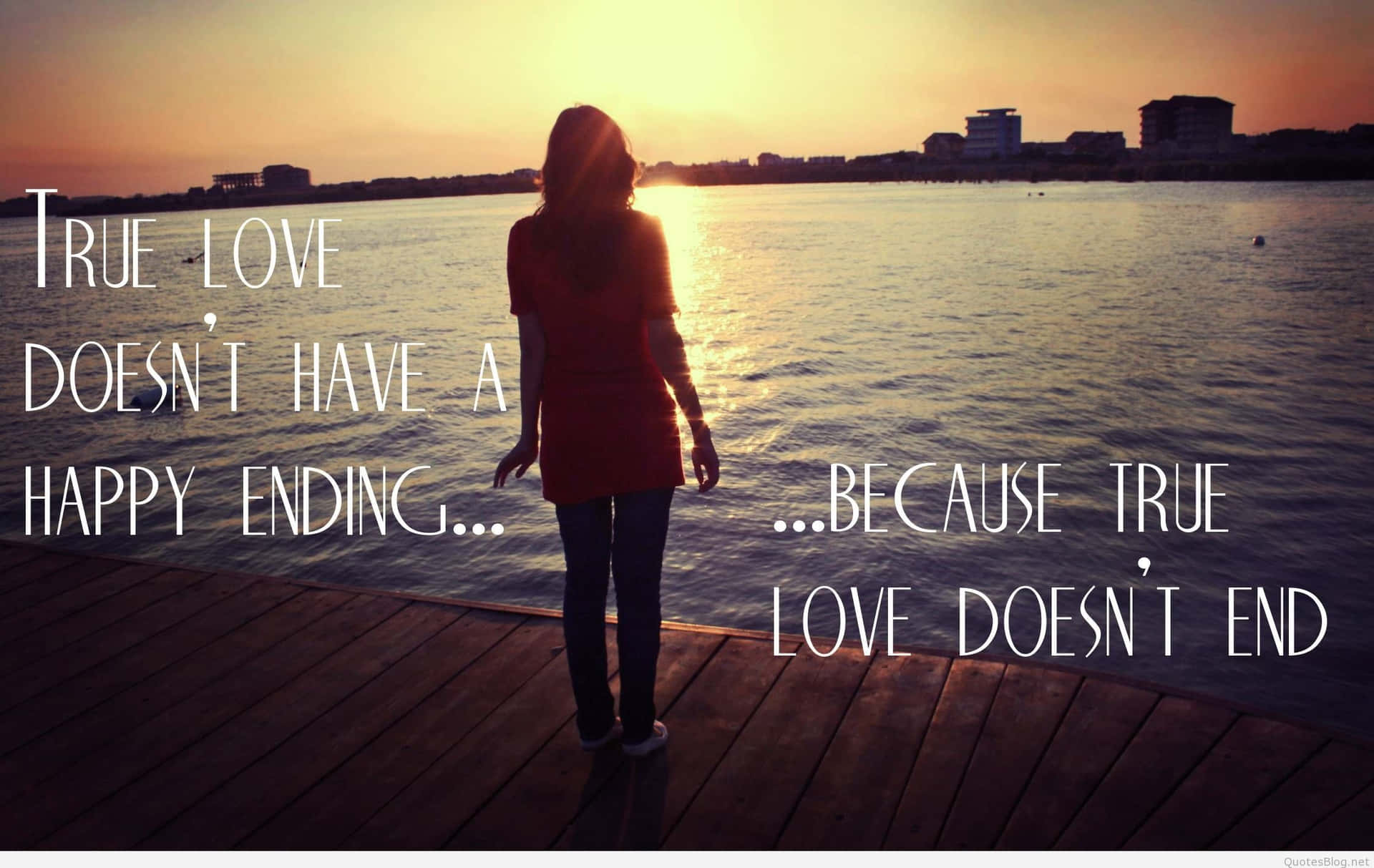 A Woman Standing On A Dock With A Quote Background