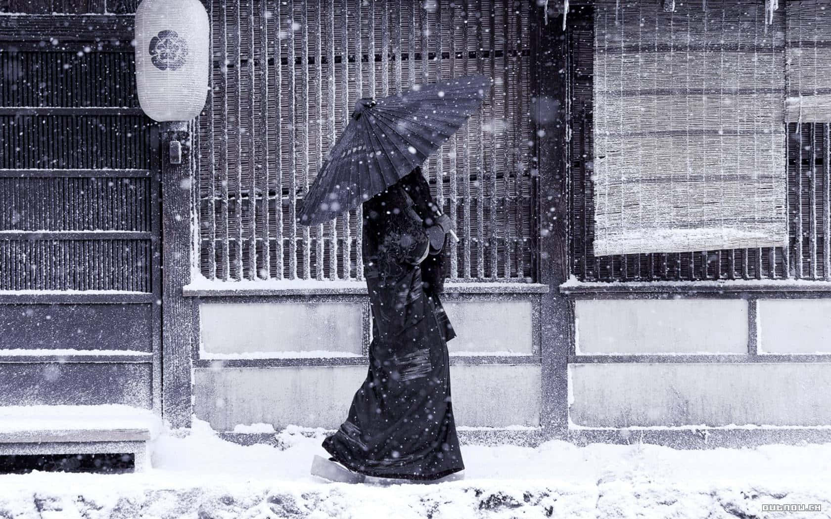 A Woman Walking In The Snow Background