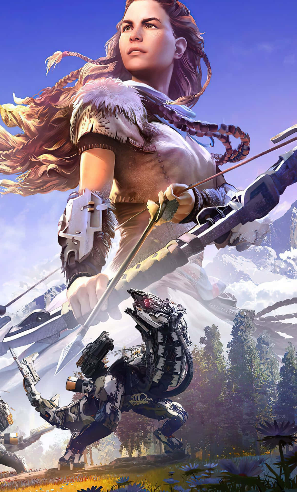 A Woman With A Bow And Arrow In Front Of A Mountain