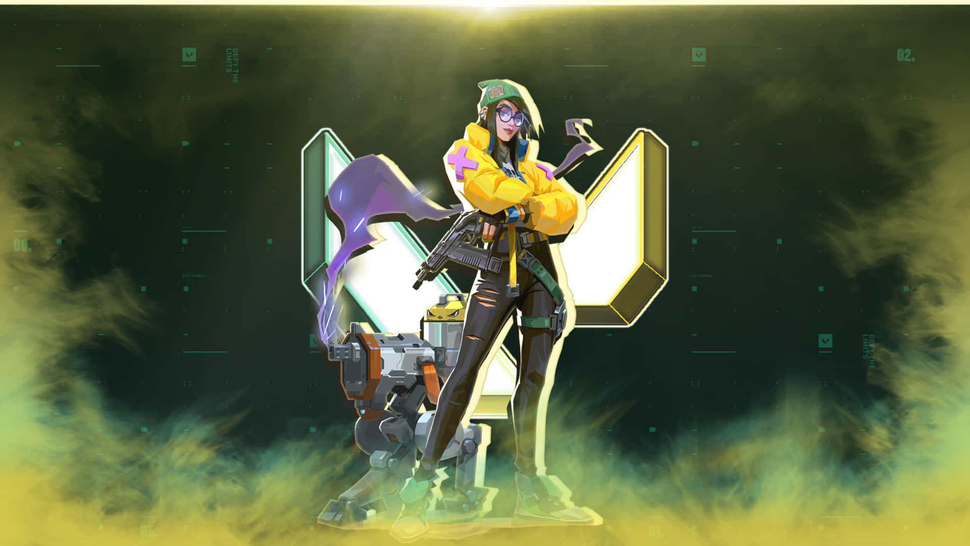 A Woman With A Gun And A Yellow Background Background