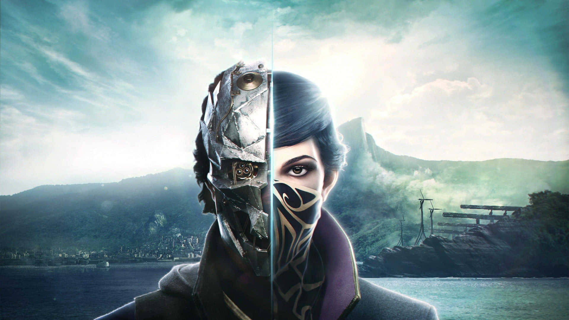 A Woman With A Helmet And A Mask Is Standing Next To A Body Of Water Background