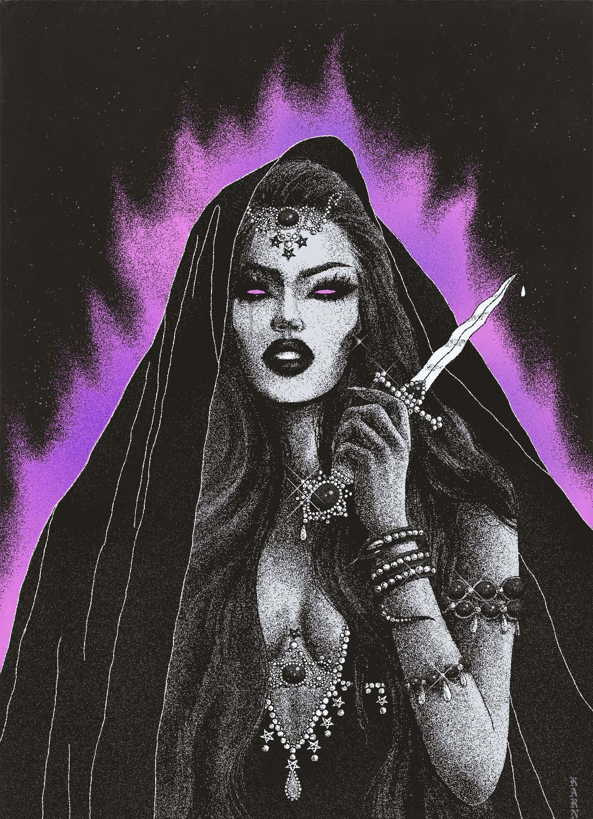 A Woman With A Knife Holding A Purple Cloak Background