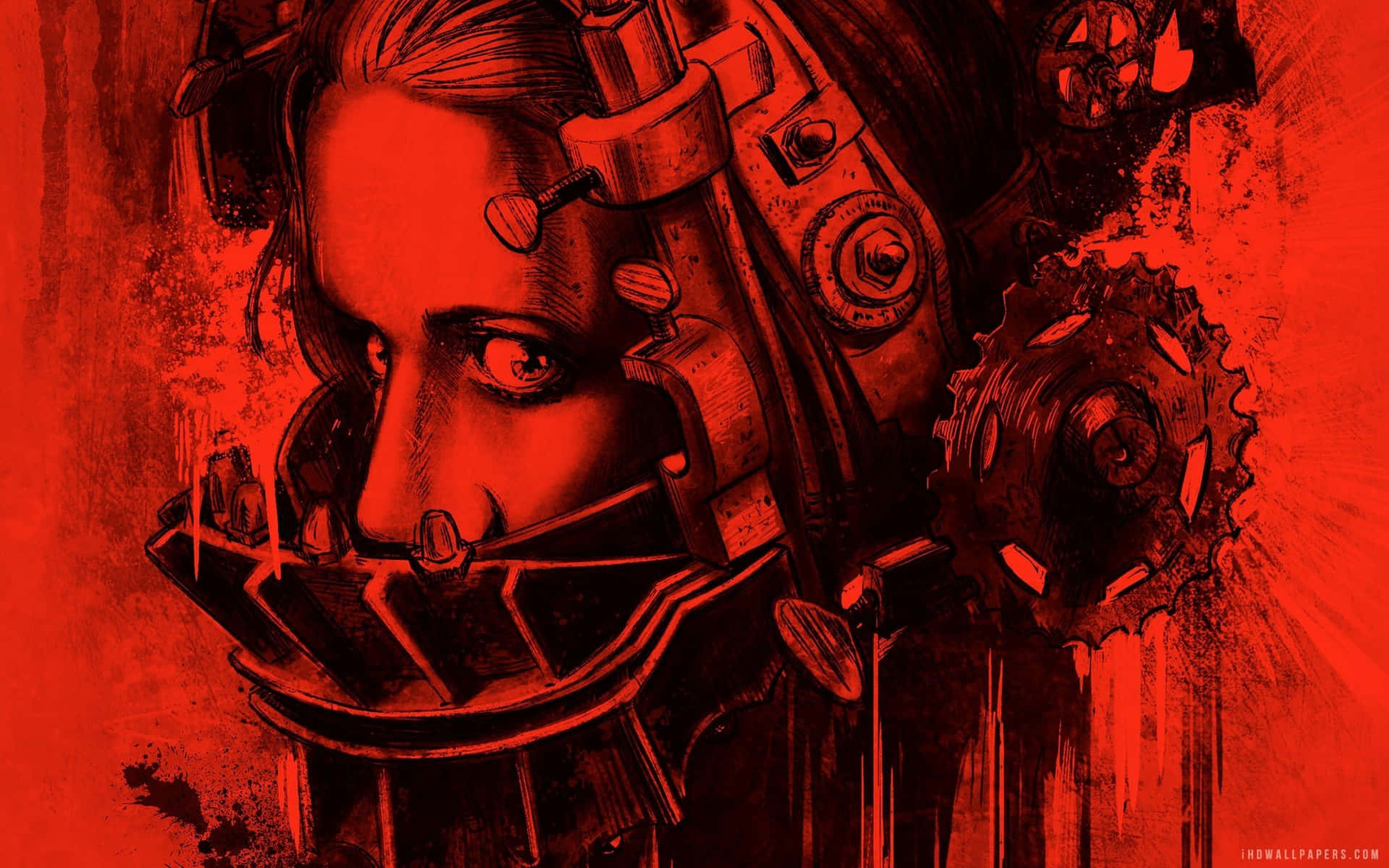 A Woman With A Mask And Gears On Her Face Background