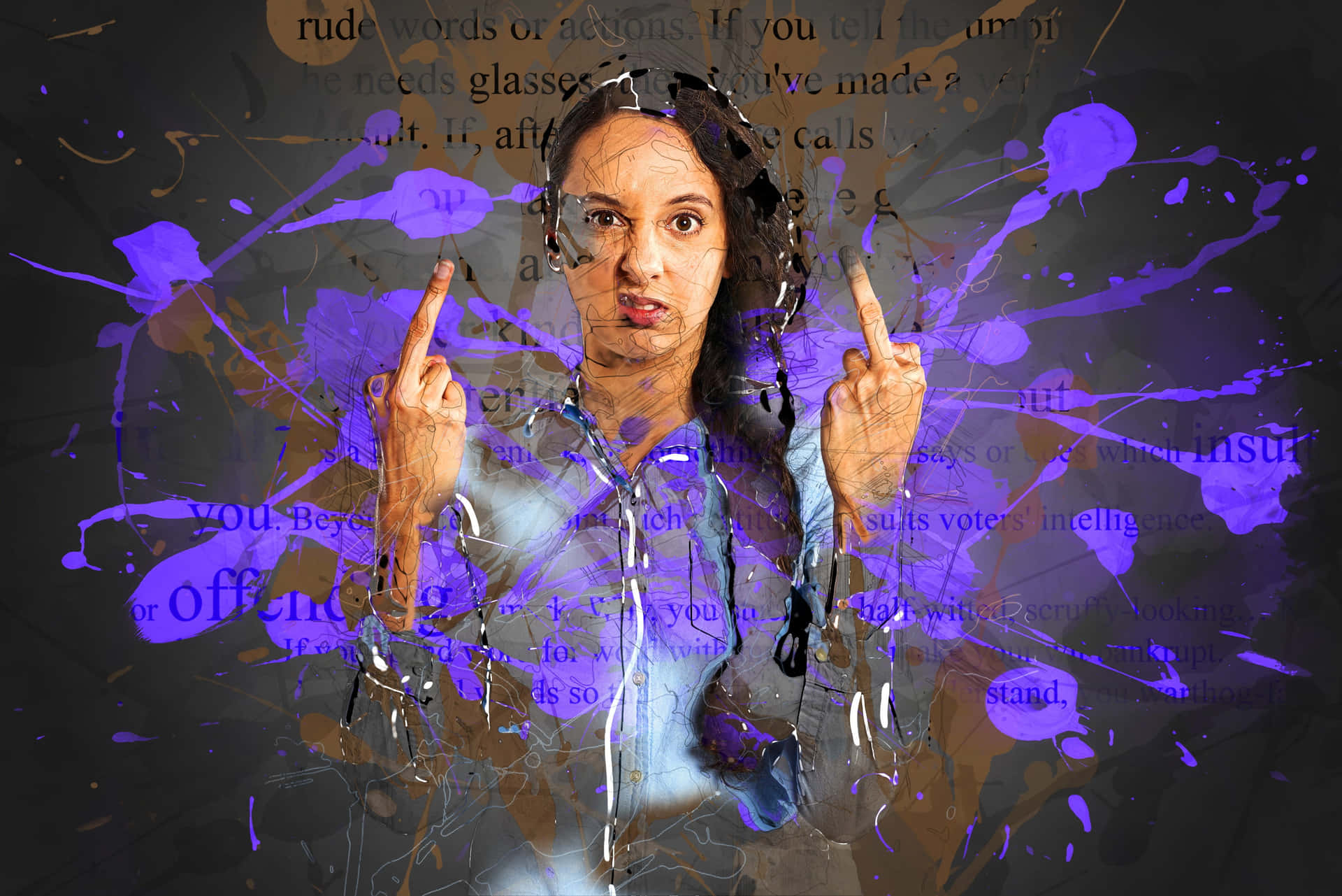 A Woman With A Purple Hand Pointing At Something