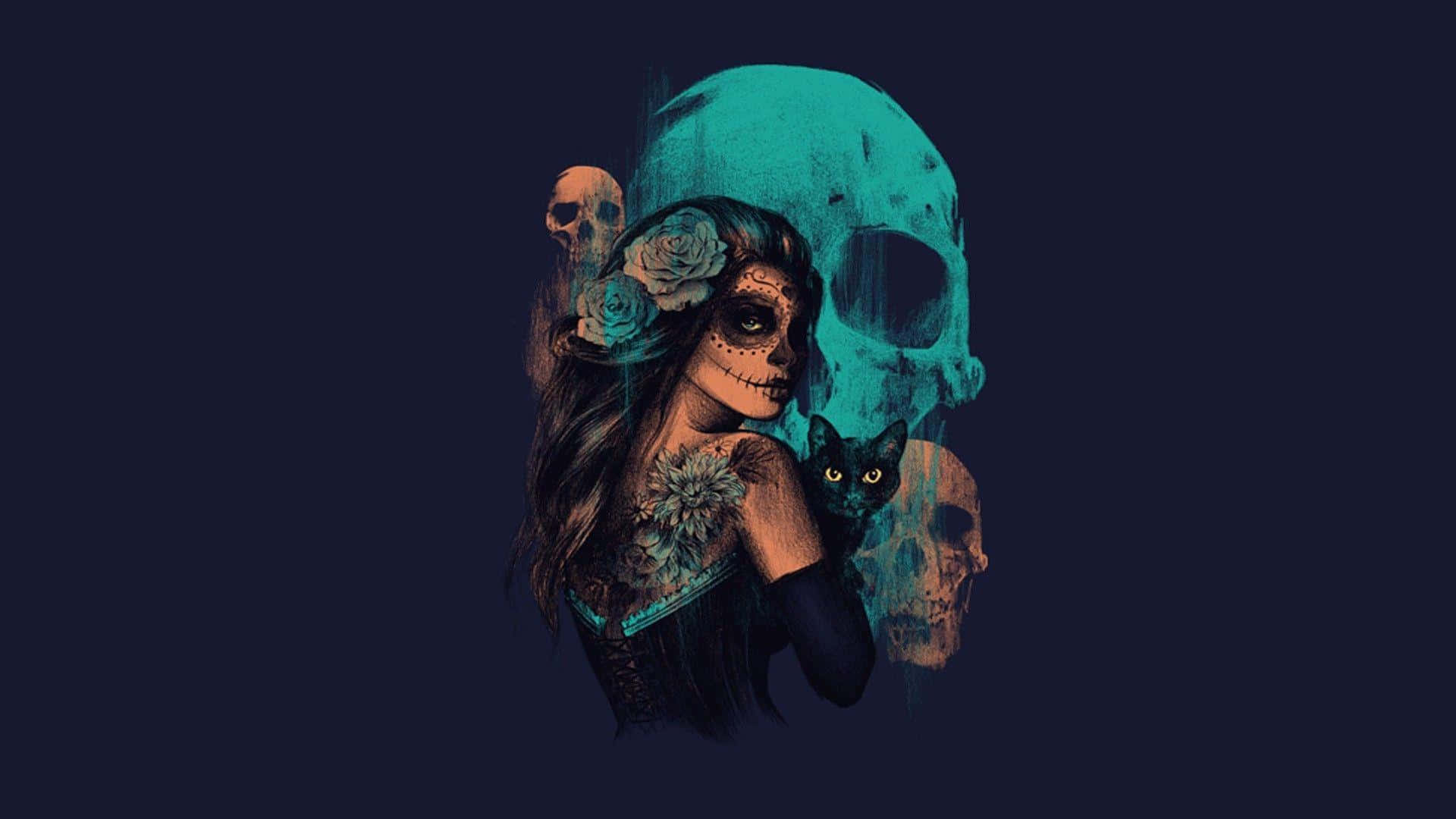 A Woman With A Skull And Flowers Background