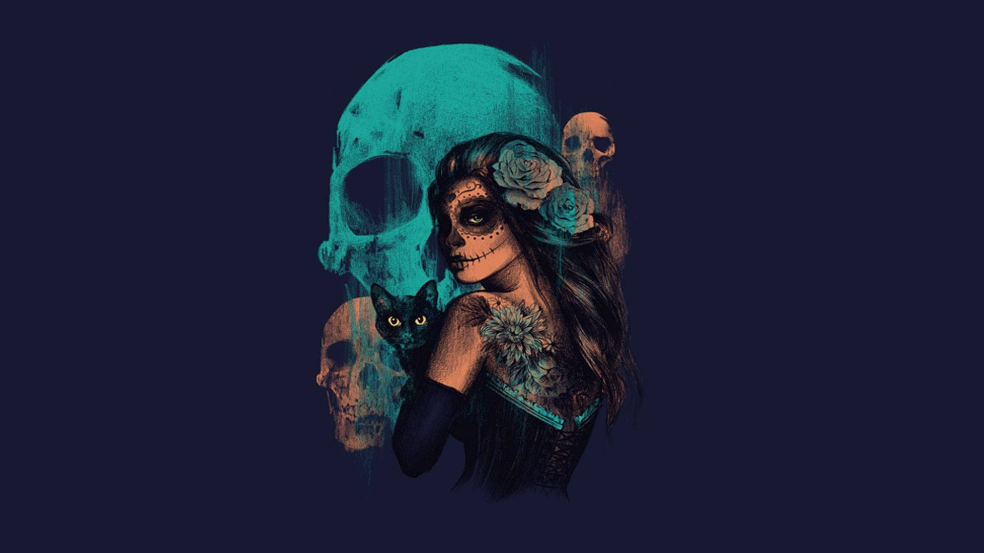 A Woman With A Skull And Flowers Background