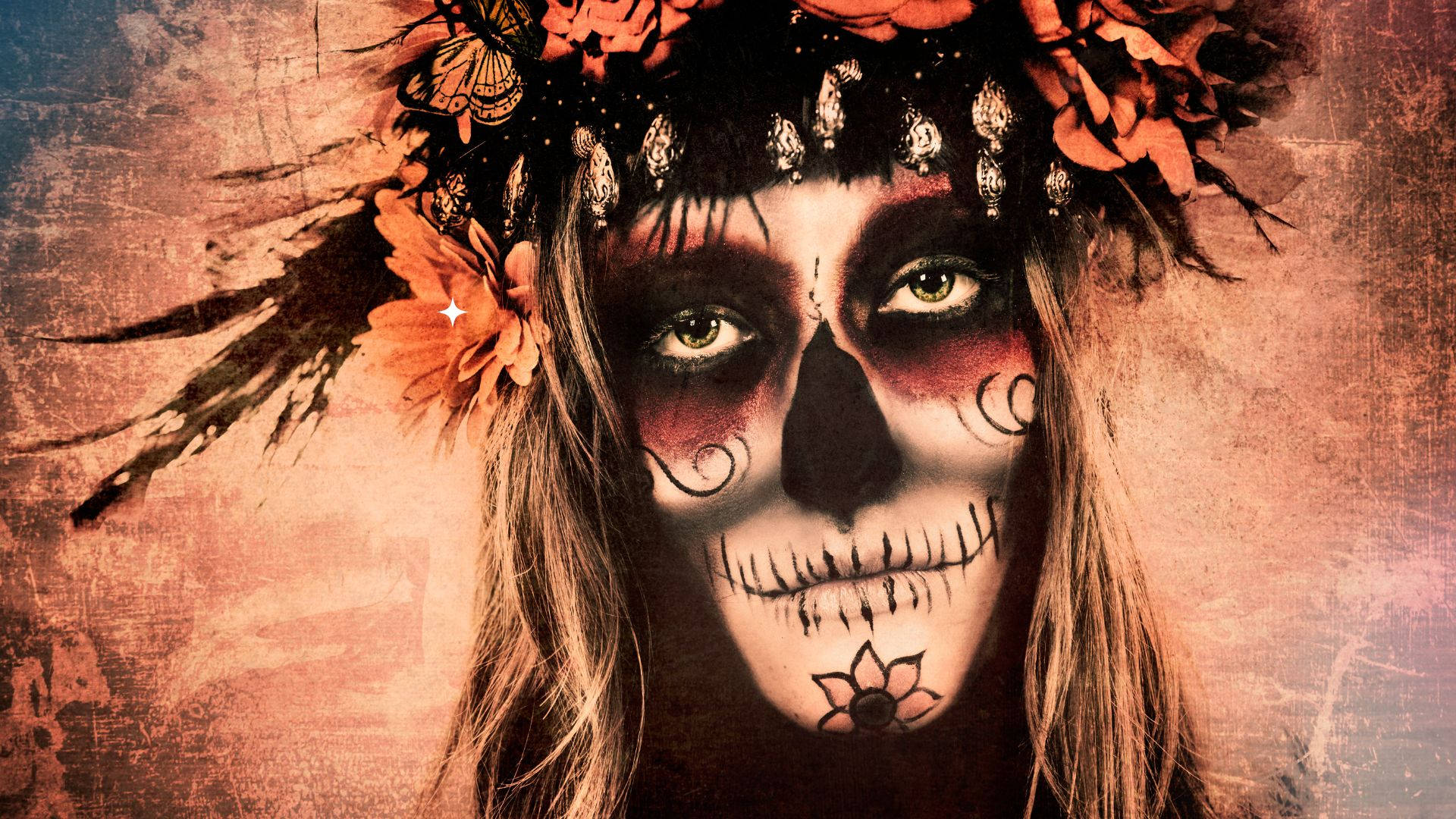 A Woman With A Skull Face And Flowers On Her Head Background