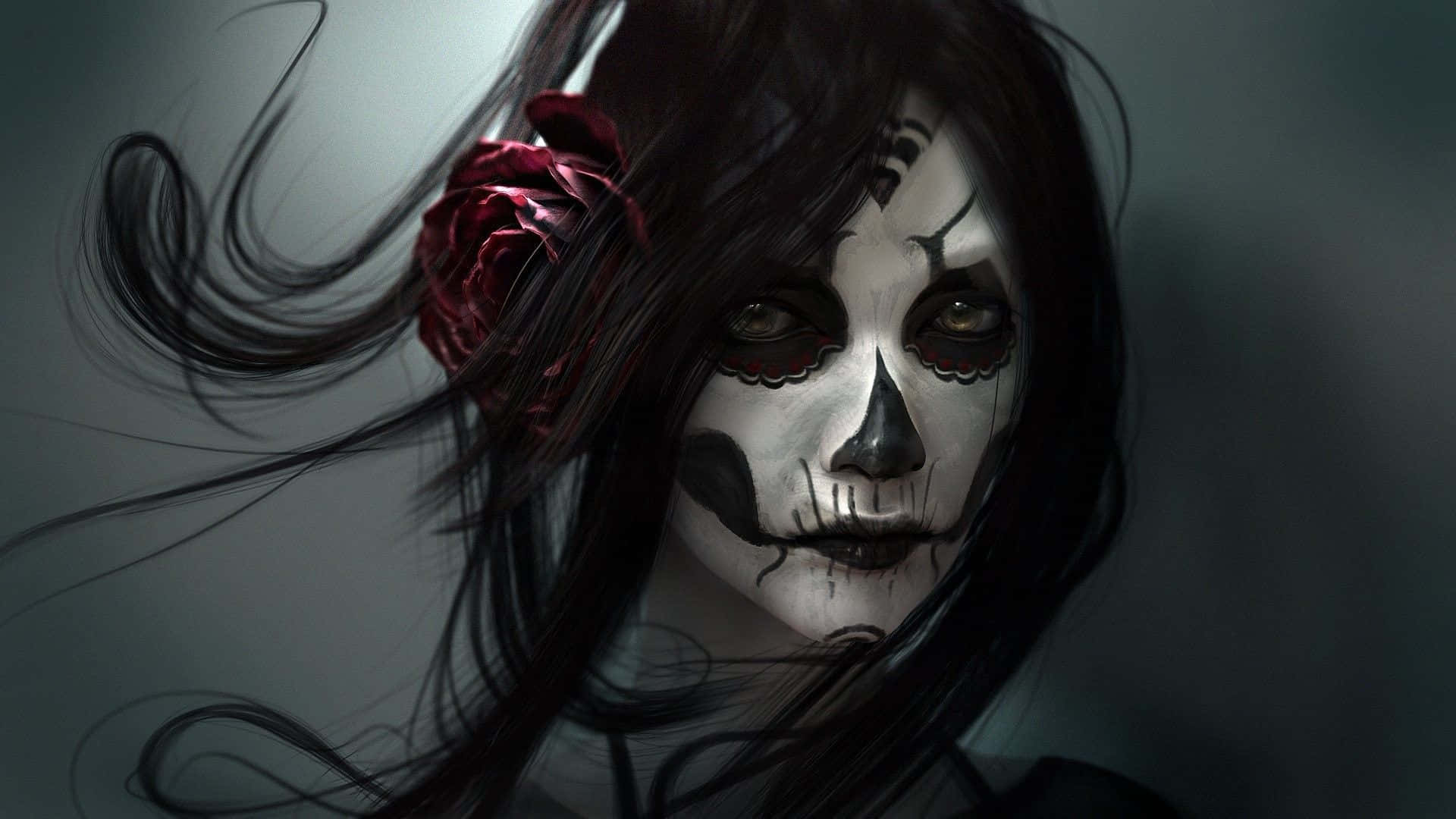 A Woman With A Skull Face And Roses Background