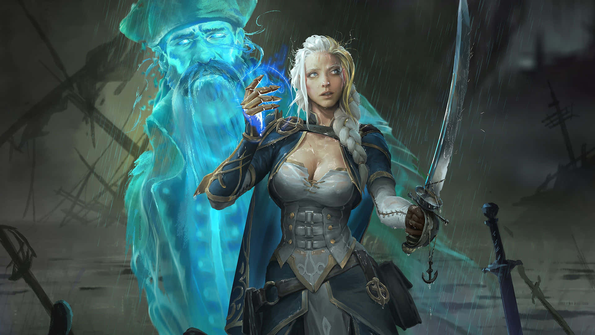 A Woman With A Sword And A Blue - Colored Woman Background