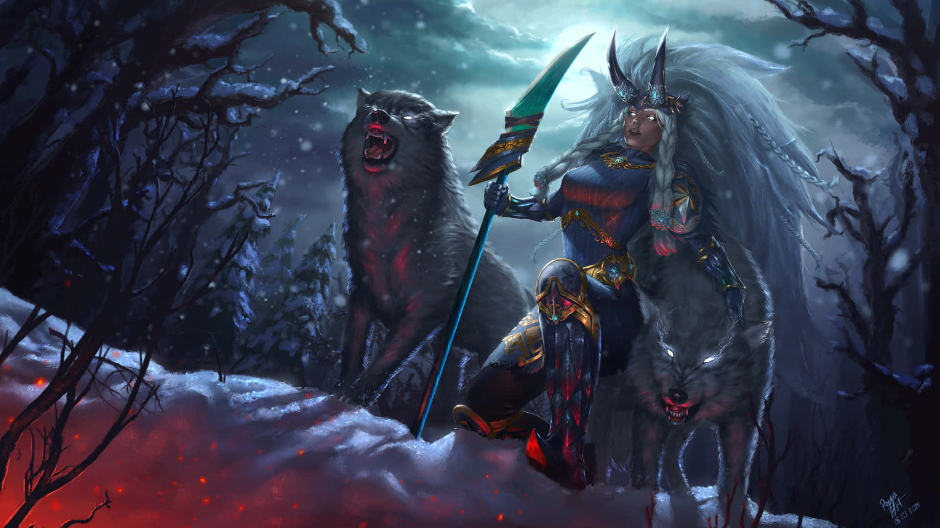 A Woman With A Sword And A Wolf In The Woods Background