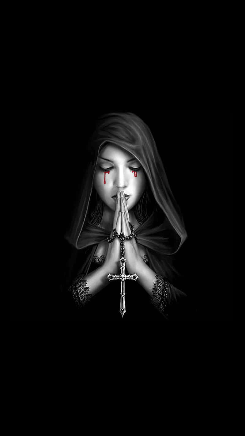 A Woman With A Sword Holding A Cross Background
