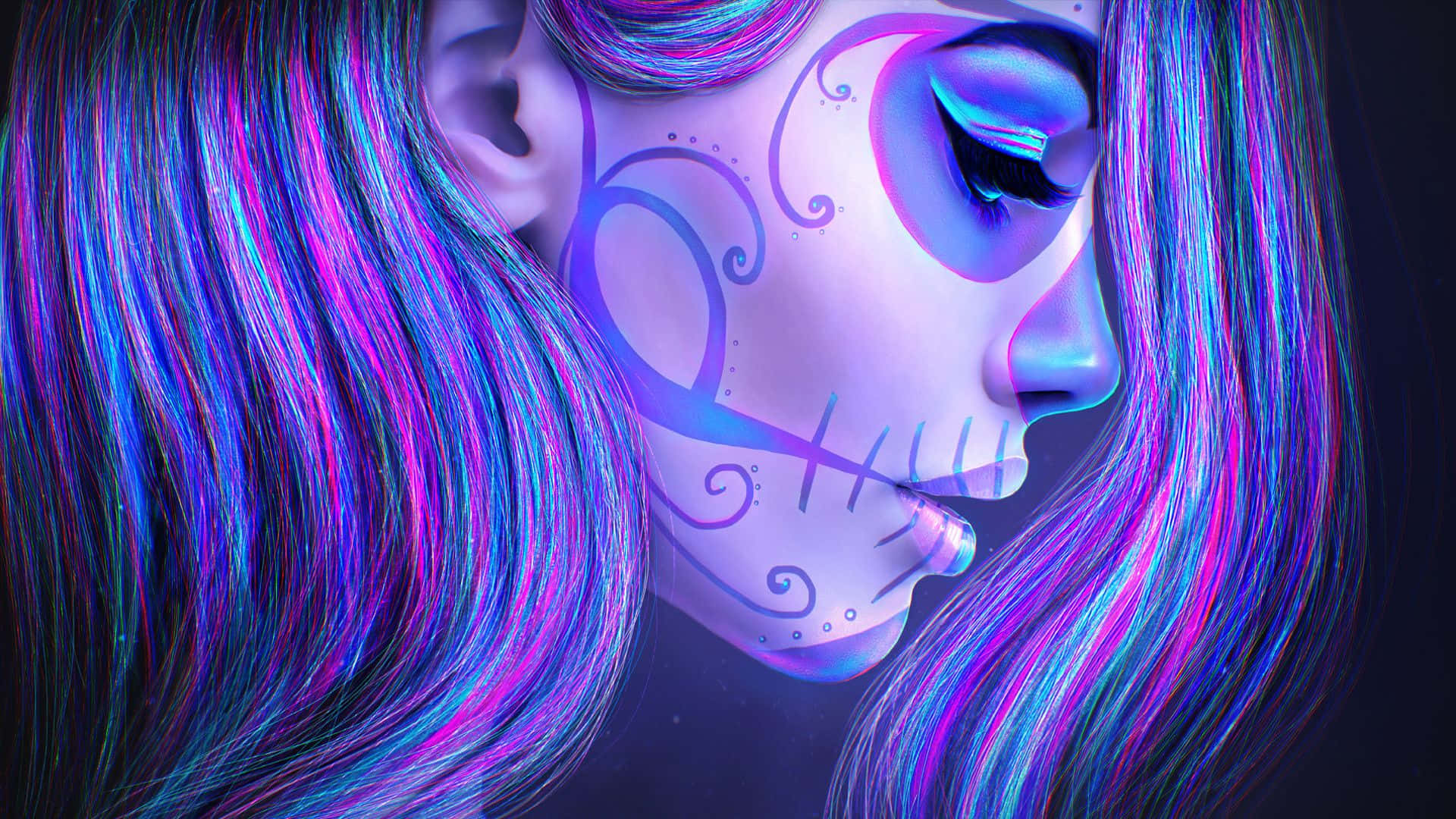 A Woman With Blue And Purple Hair And A Skull Face Background