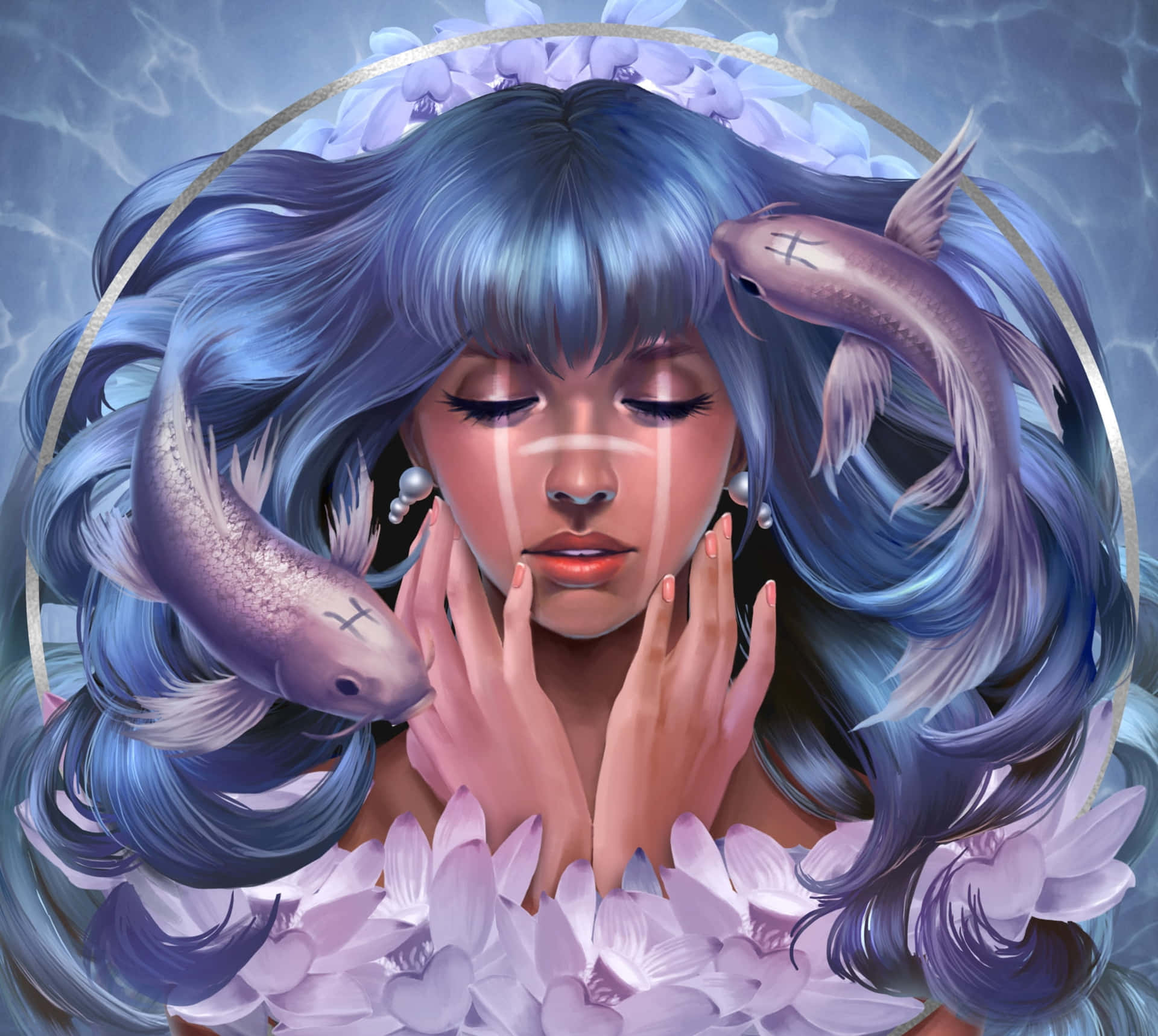 A Woman With Blue Hair And Fish In Her Hands Background