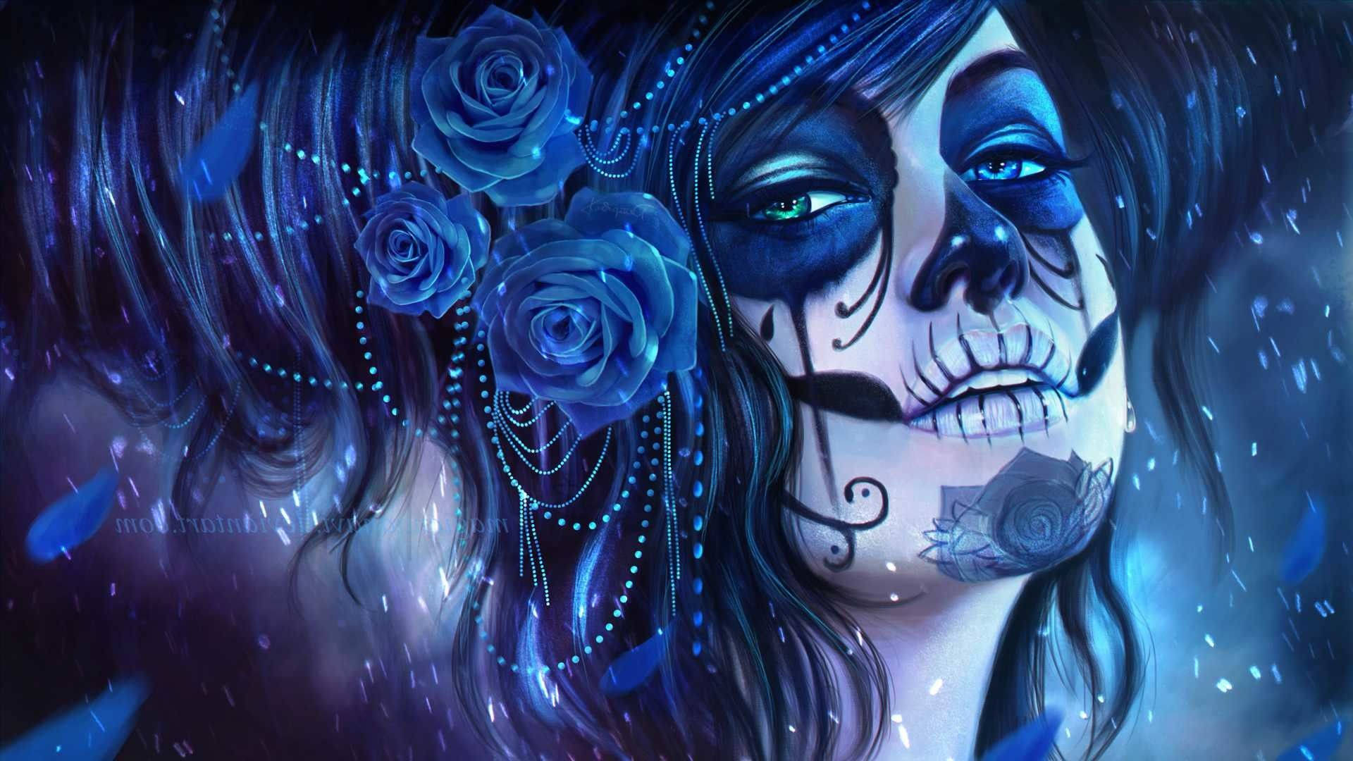 A Woman With Blue Makeup And Roses