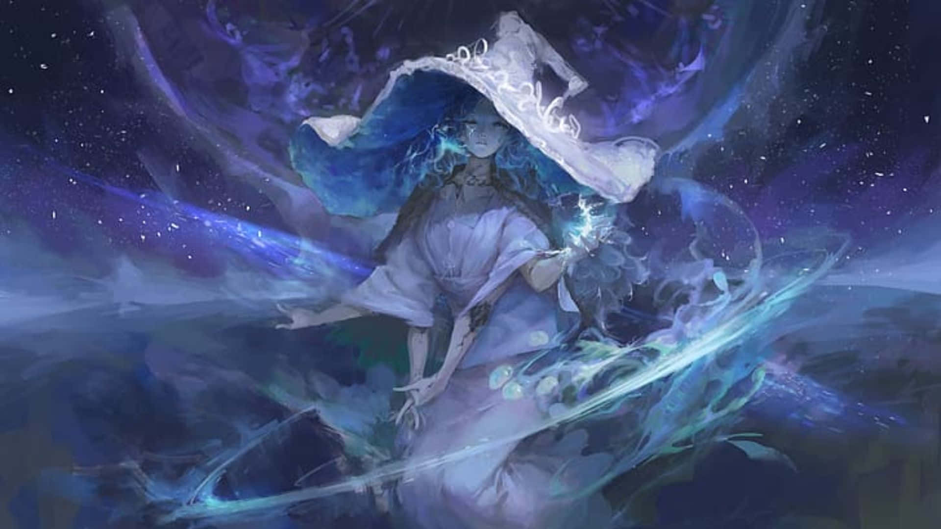 A Woman With Long Hair And Blue Eyes Is Holding A Sword Background