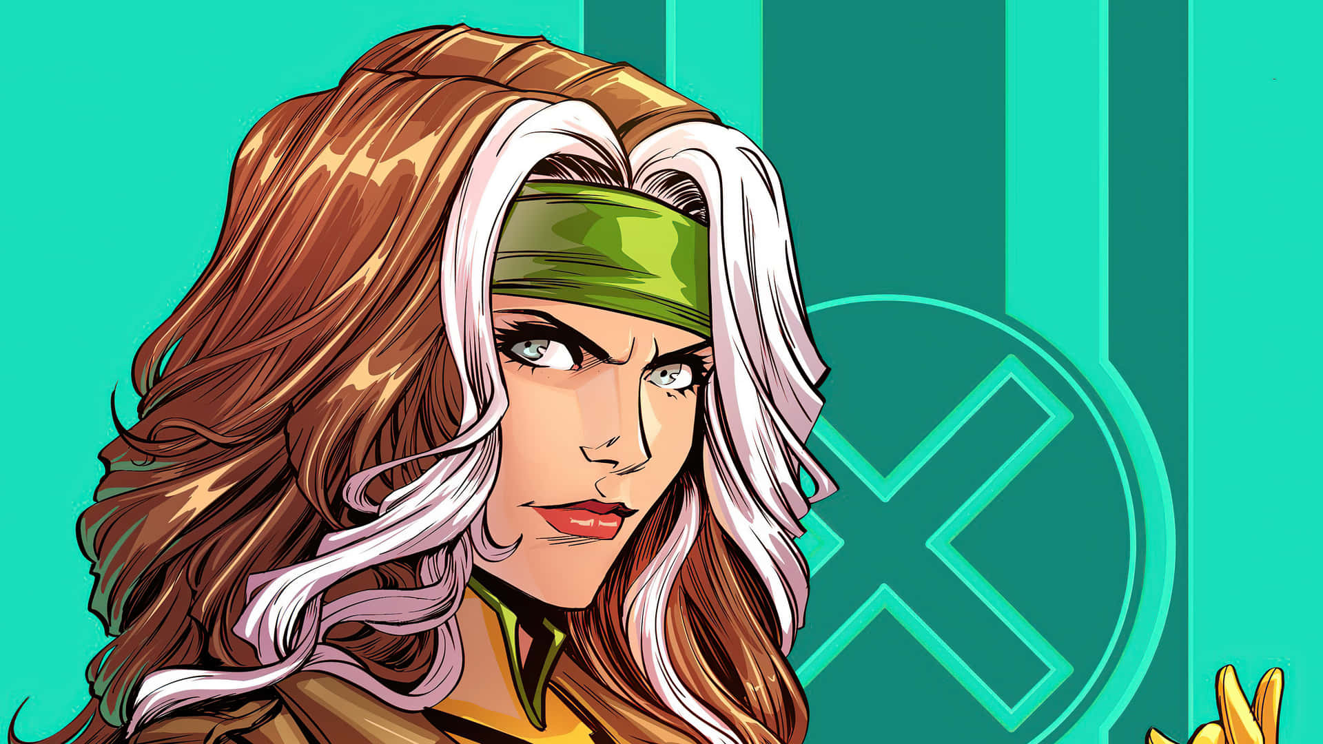 A Woman With Long Hair And Green Eyes Is Holding A Green - Colored Weapon