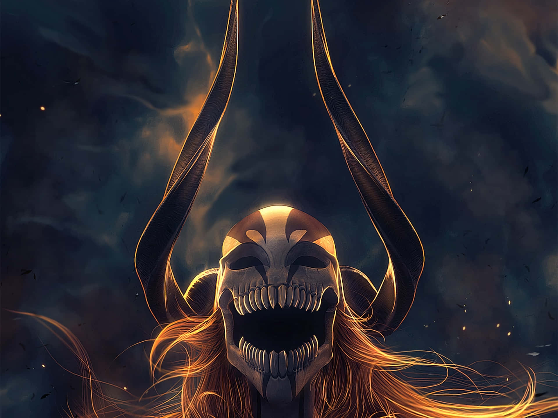 A Woman With Long Hair And Horns Is Holding A Sword Background