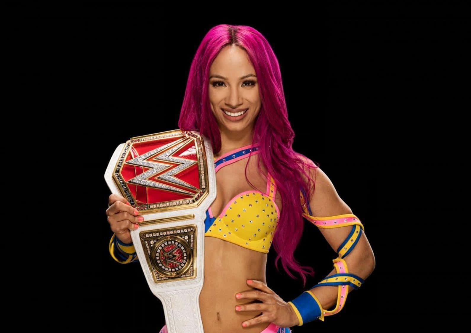 A Woman With Pink Hair Holding A Wwe Championship