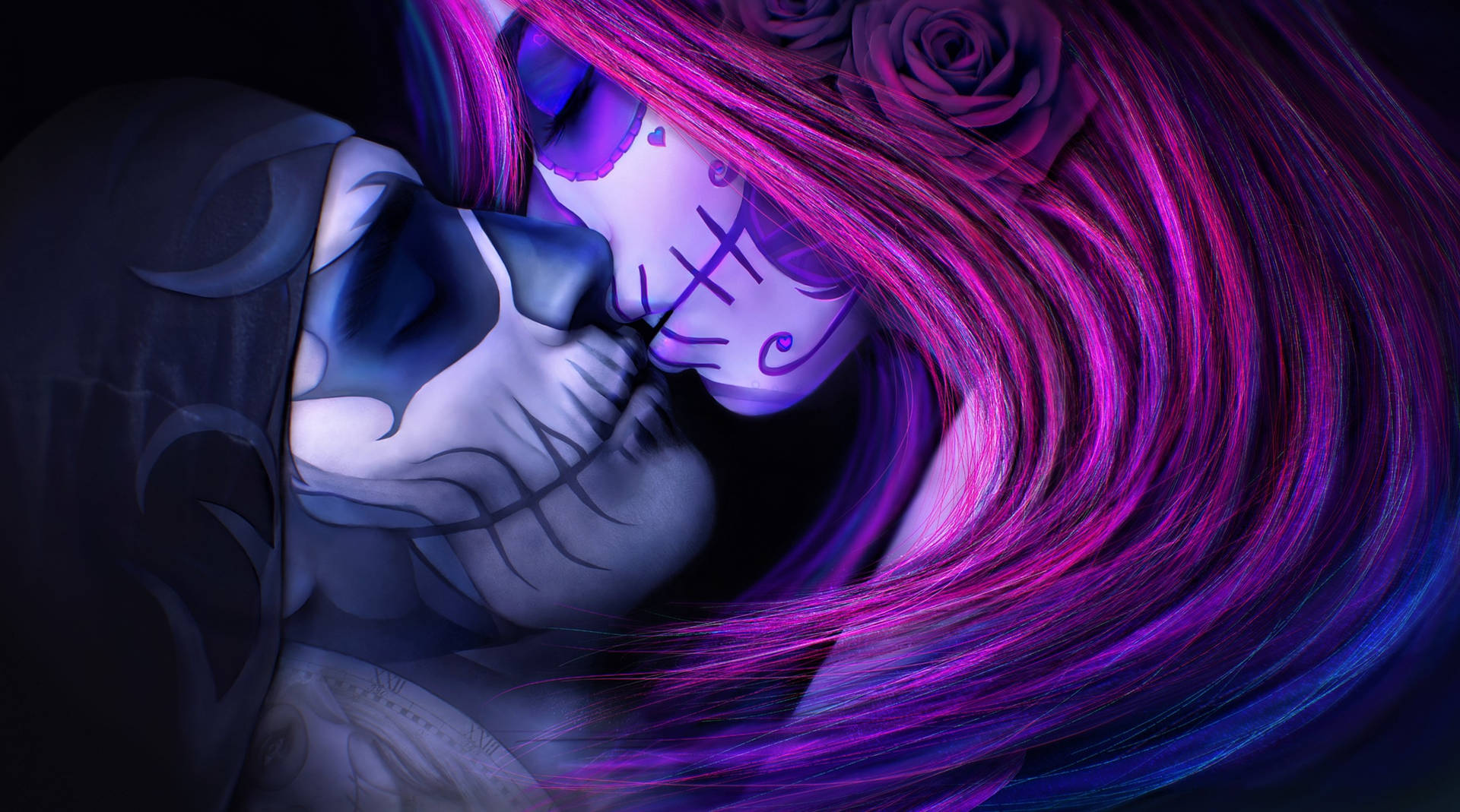 A Woman With Purple Hair And A Skull Face Kissing Background