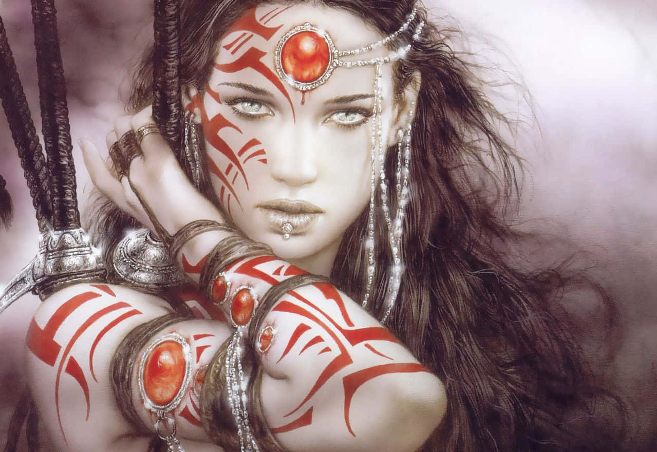 A Woman With Red Eyes And A Sword Background