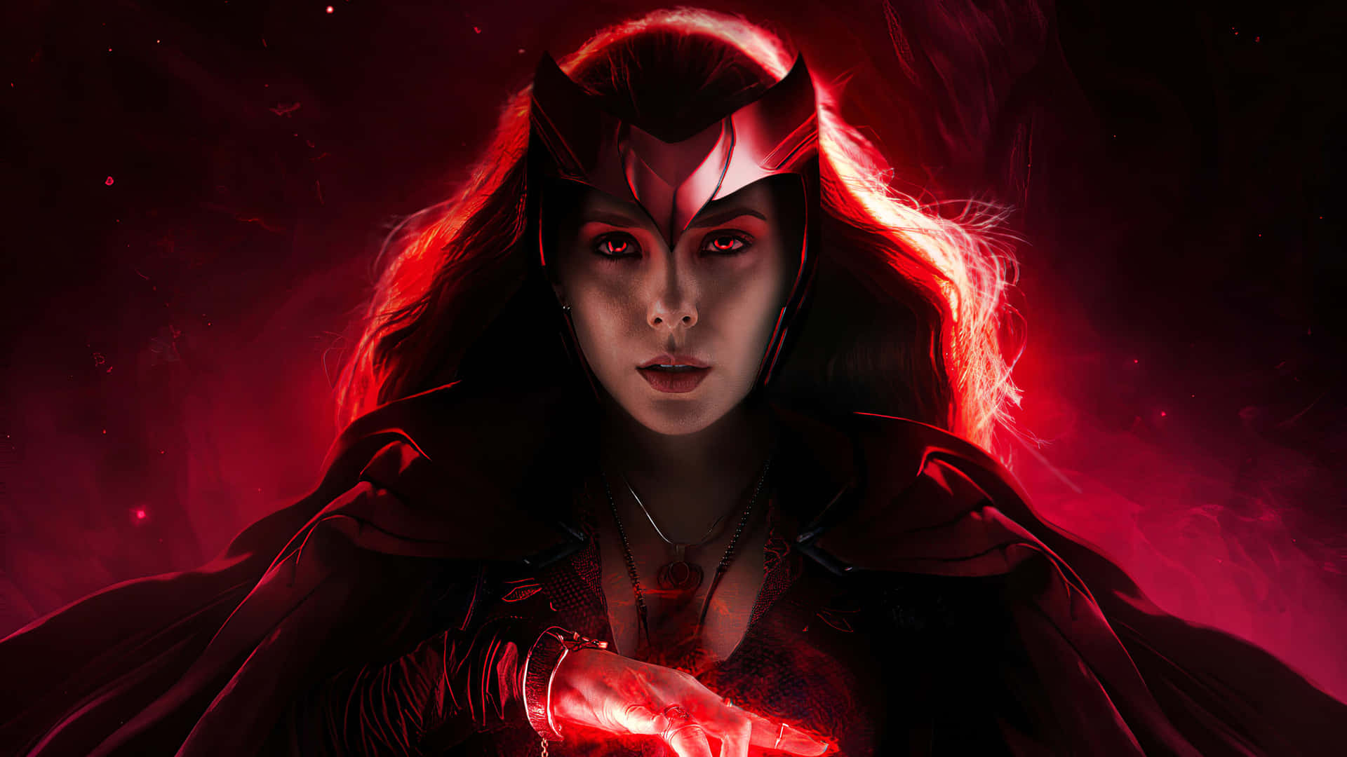 A Woman With Red Hair And Red Eyes Holding A Red Wand
