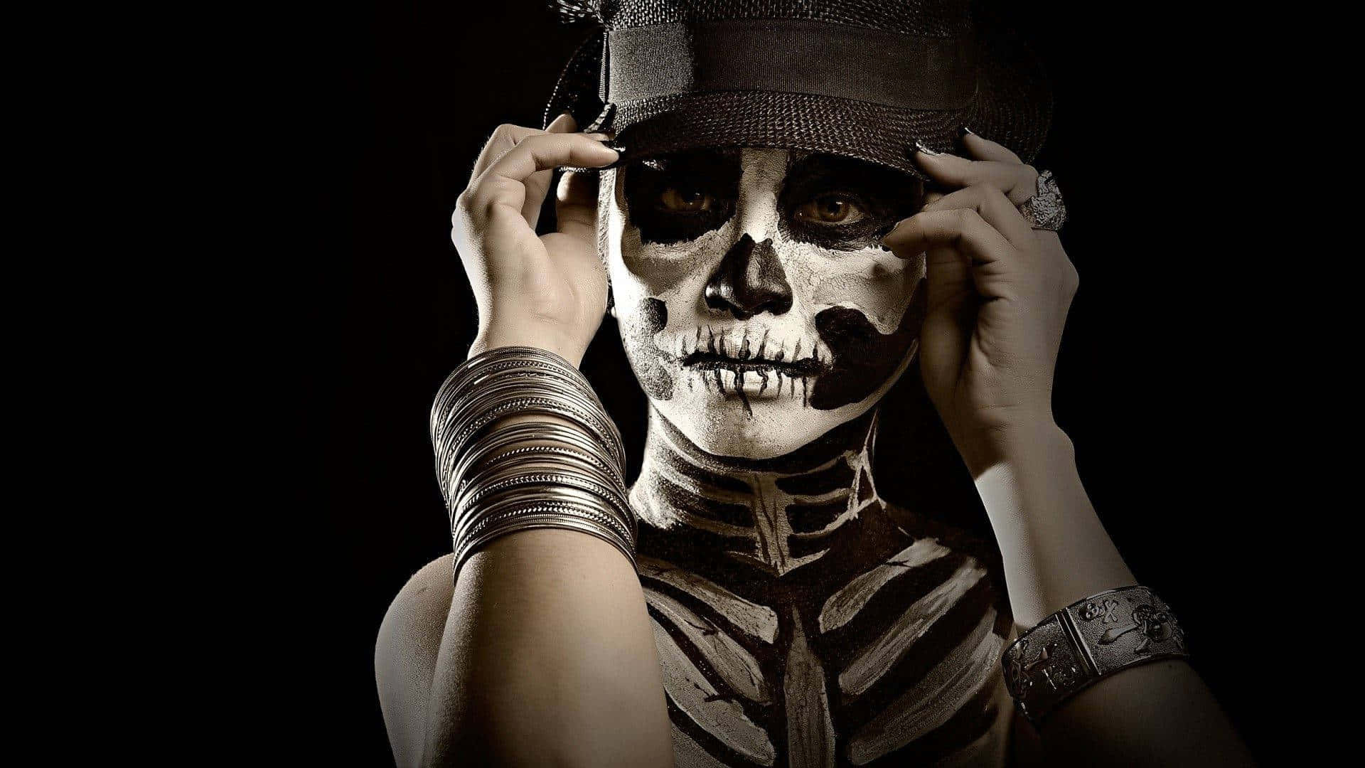 A Woman With Skeleton Makeup And A Hat Background
