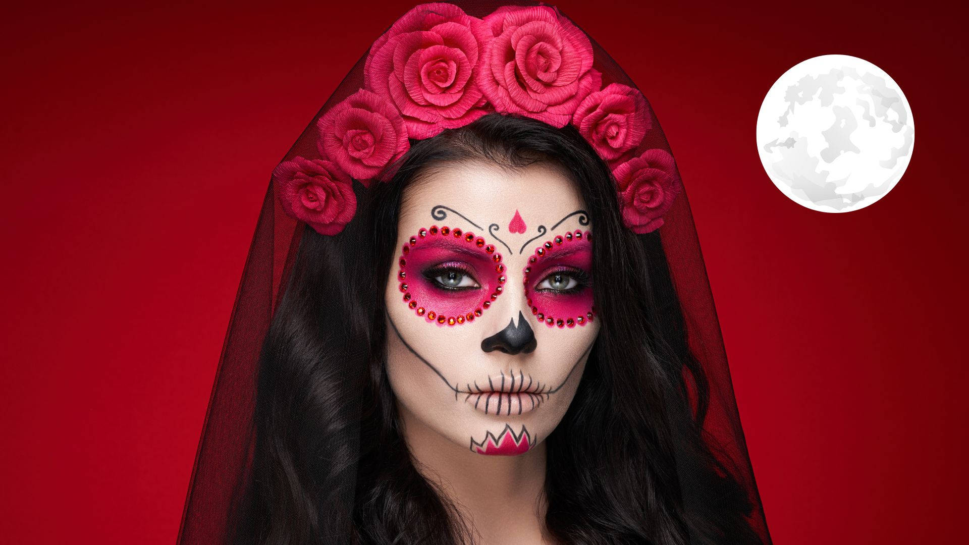 A Woman With Sugar Skull Makeup And Roses On Her Face Background