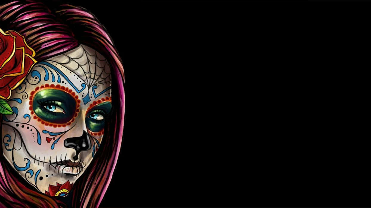 A Woman With Sugar Skull Makeup And Roses Background