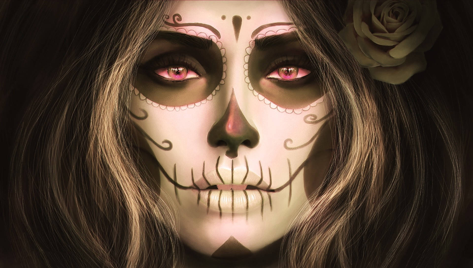 A Woman With Sugar Skull Makeup And Roses Background