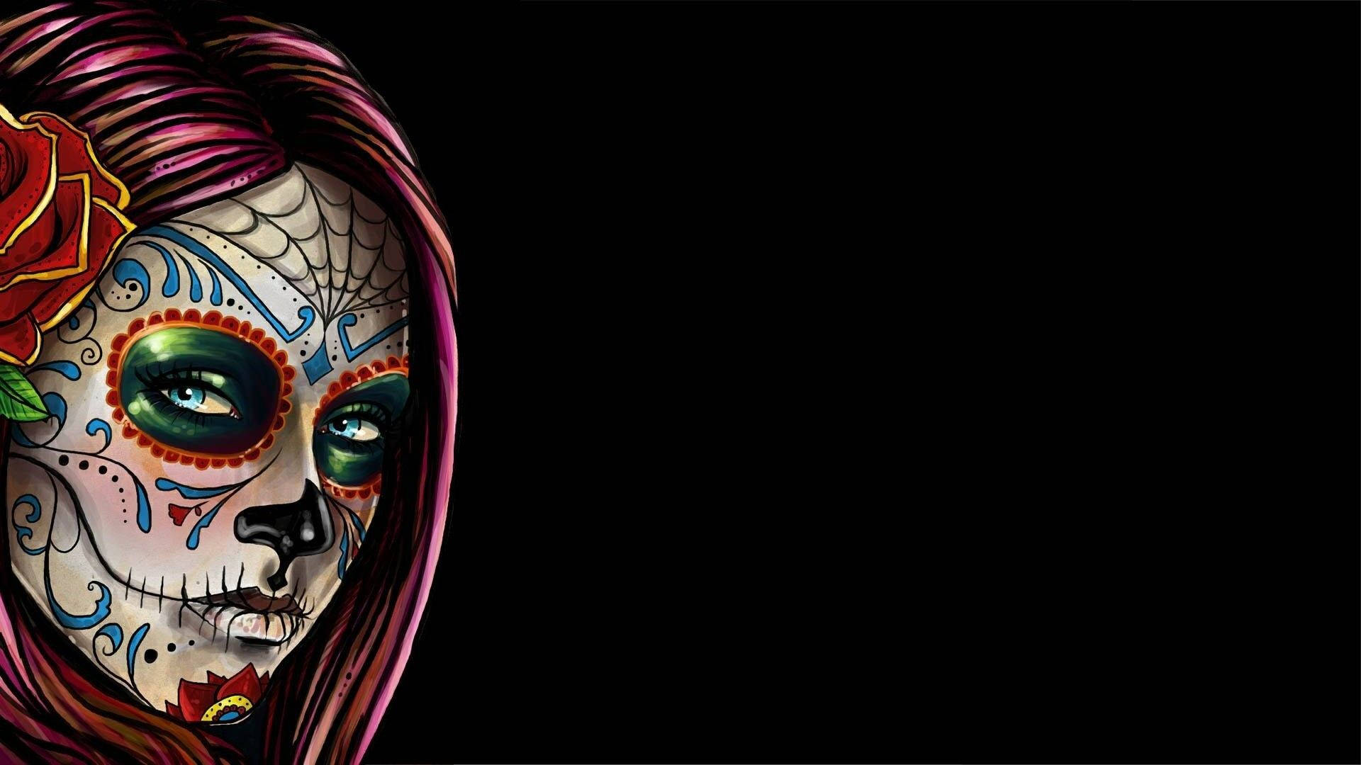 A Woman With Sugar Skull Makeup On Her Face Background