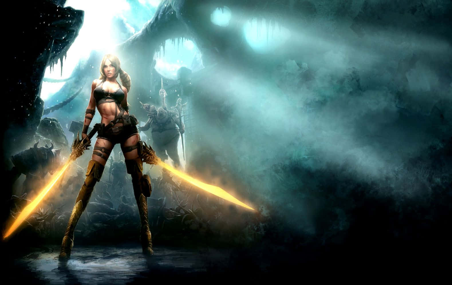 A Woman With Two Swords Standing In A Dark Cave Background
