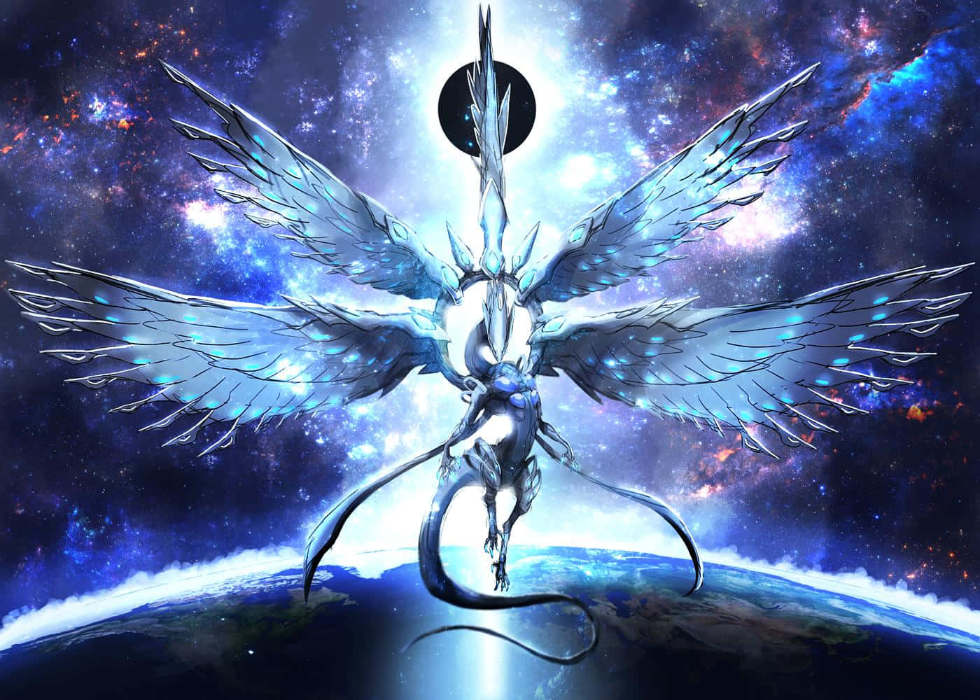 A Woman With Wings Is Holding A Sword In Space Background