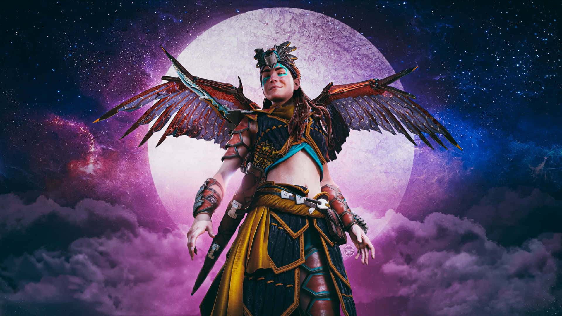 A Woman With Wings Standing In Front Of A Moon Background