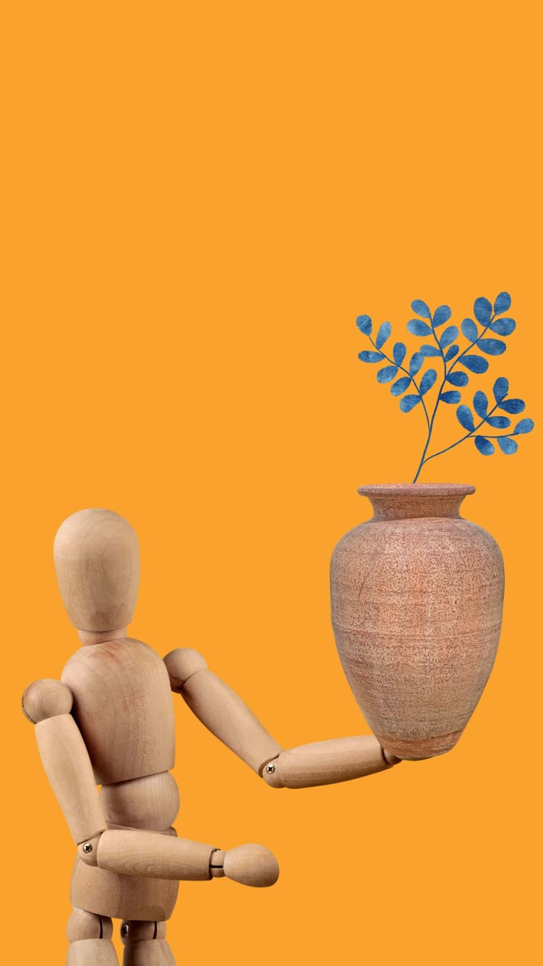A Wooden Mannequin Holding A Pot Of Plants Background