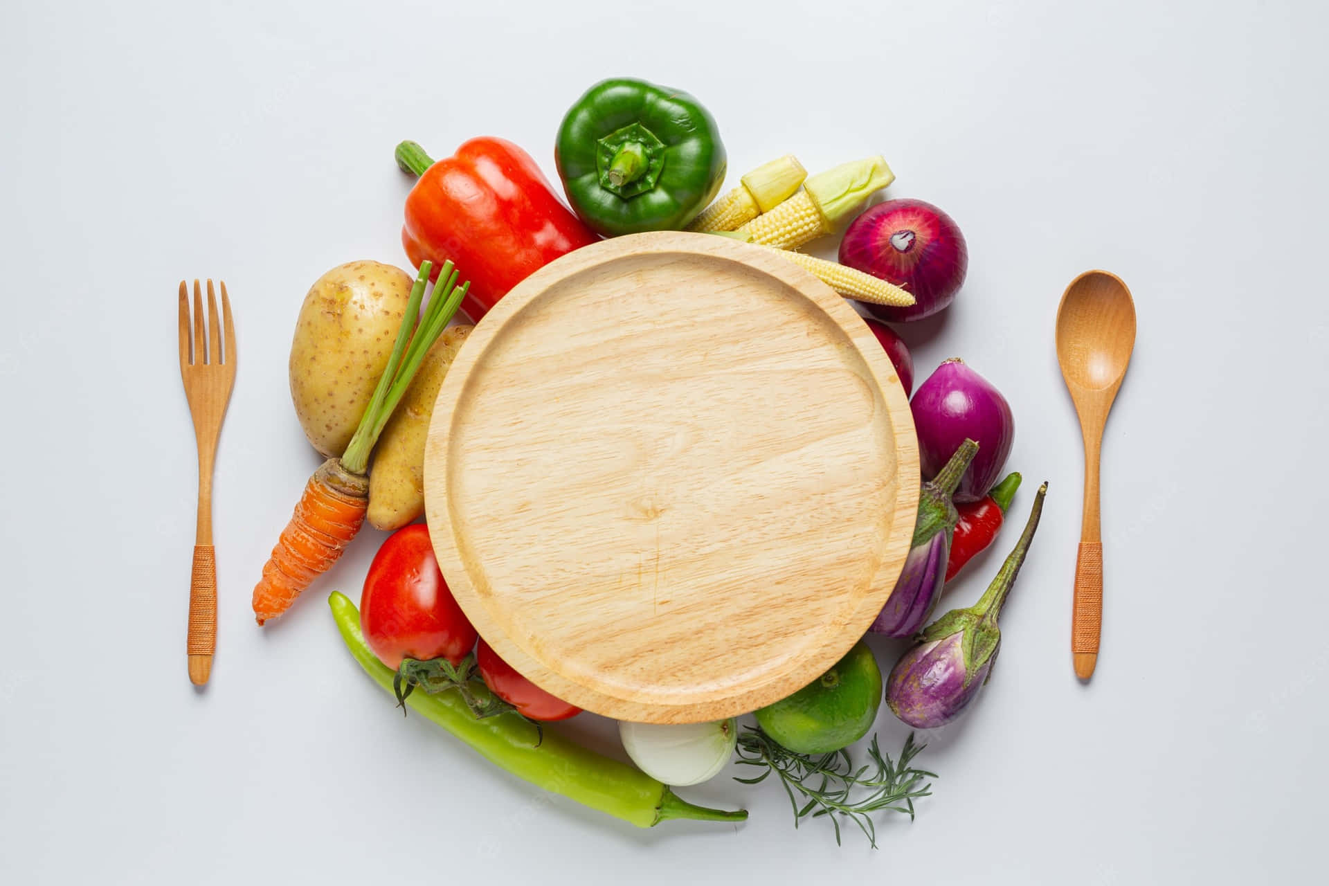 A Wooden Plate With Vegetables And Forks On A White Background Background