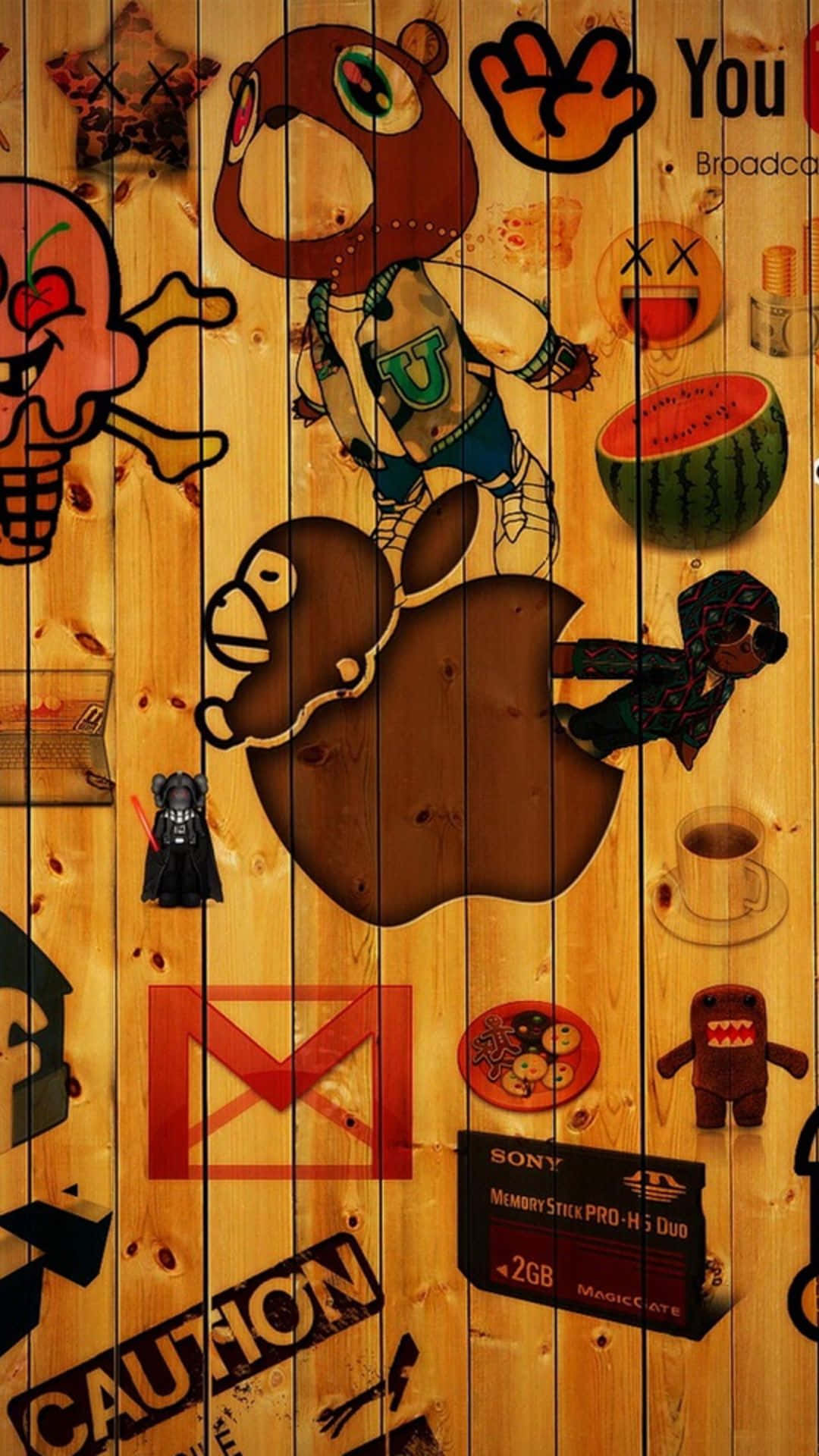 A Wooden Wall With Stickers On It Background