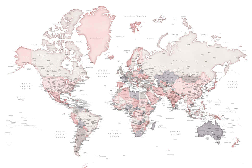 A World Map In Pink And Grey Background