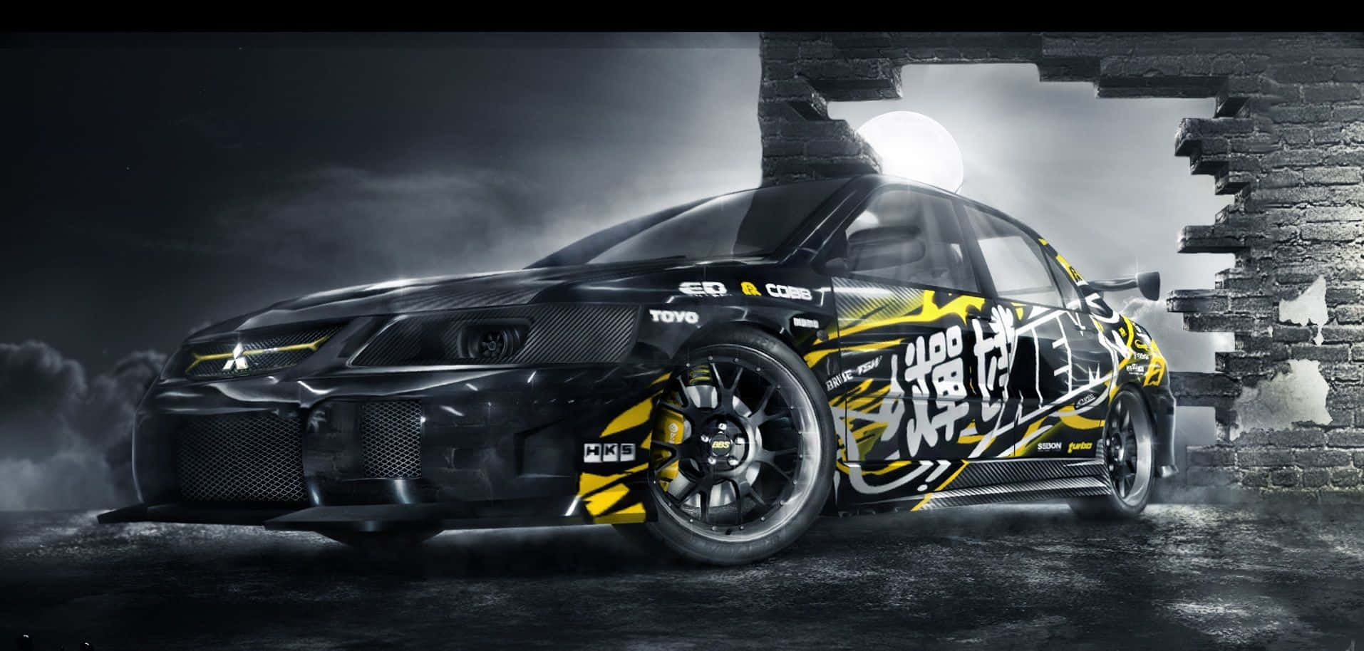 A Yellow And Black Car Is Parked In Front Of A Brick Wall Background