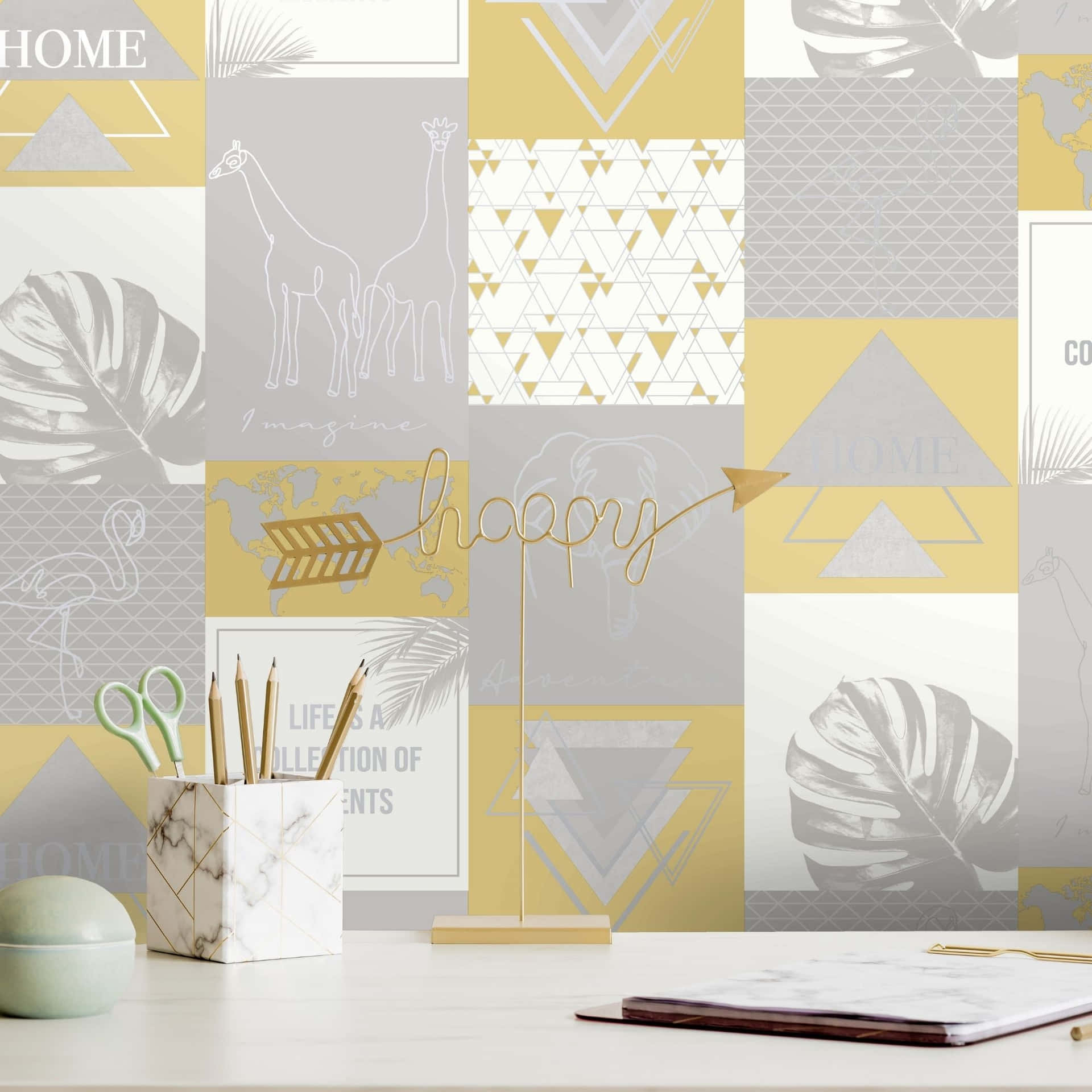 A Yellow And Grey Wallpaper With A Desk And A Pen Background