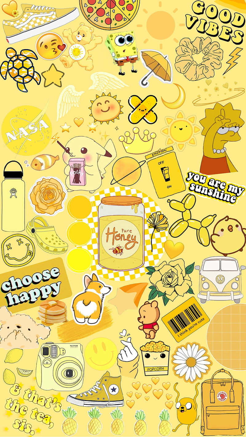 A Yellow Background With Various Stickers On It Background