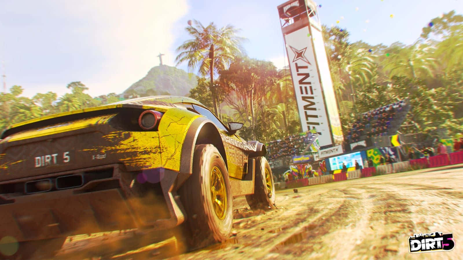 A Yellow Car Driving On A Dirt Road Background