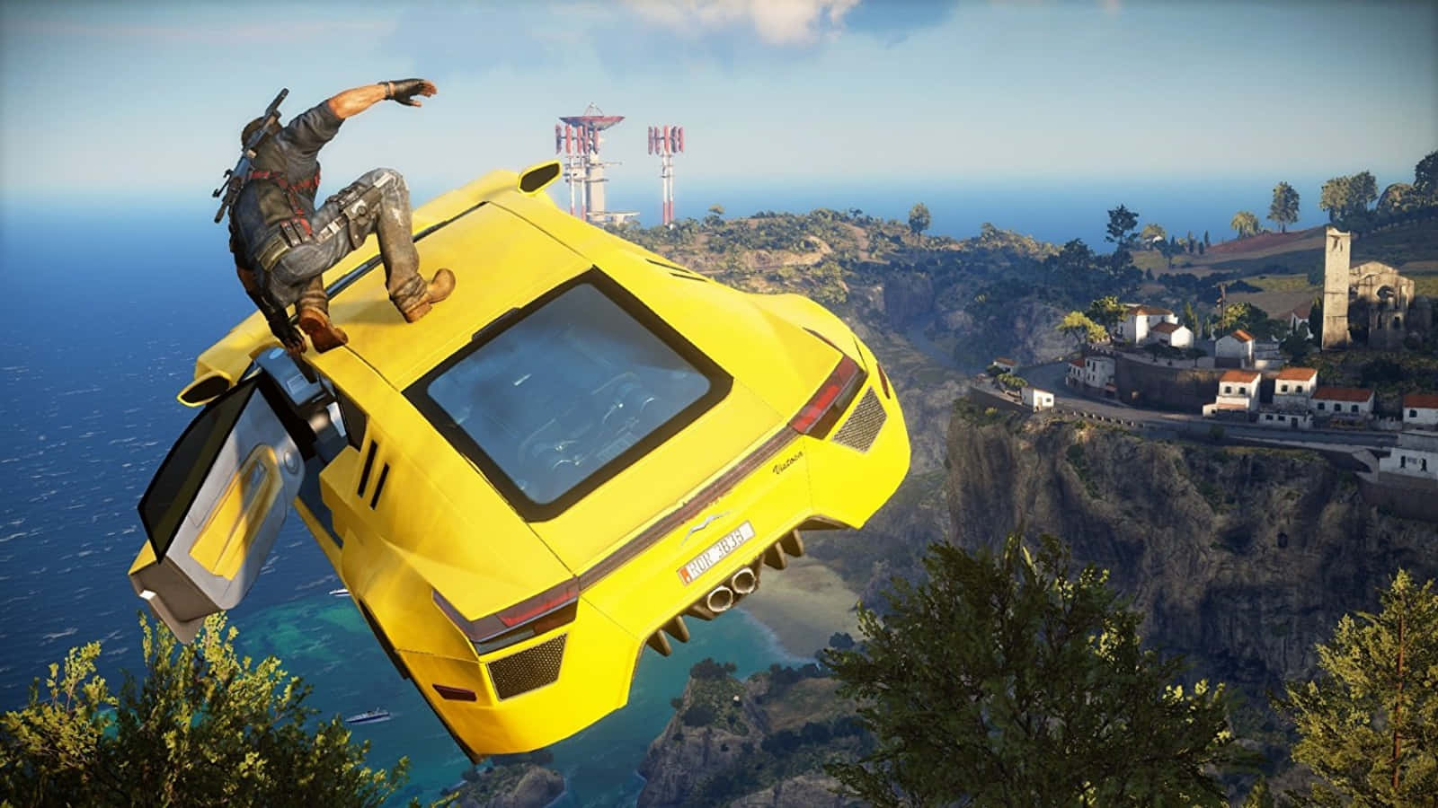 A Yellow Car Is Flying Over A Cliff Background