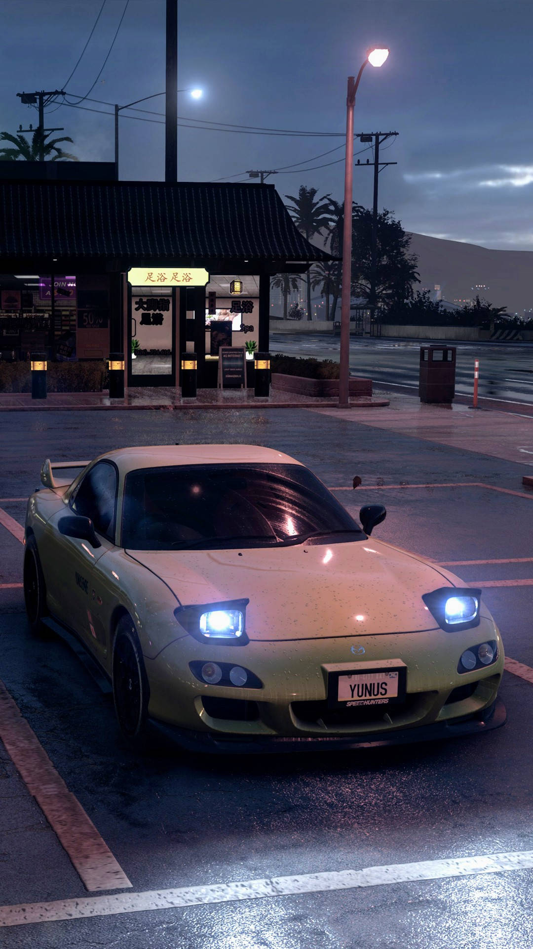 A Yellow Car Is Parked In A Parking Lot At Night Background